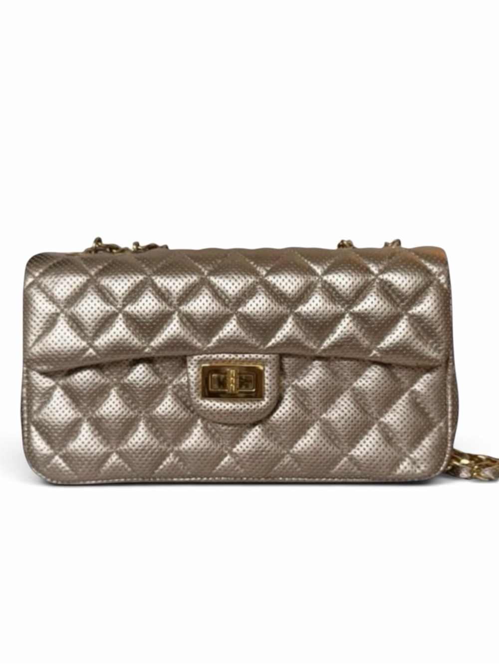 Ashneil Metallic Champagne Gold Quilted Perforated Flap Leather Shoulder Bag